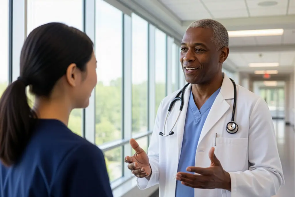 Hospital staff talking about the latest Intelas news